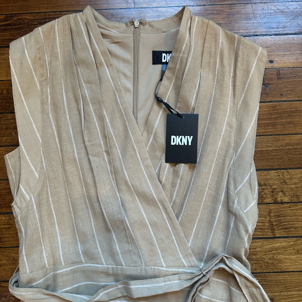 DKNY Taupe Striped Wrap Dress NWT